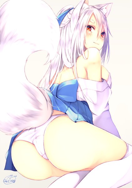 Anime picture 1414x2000 with original chita (ketchup) single long hair tall image looking at viewer blush fringe light erotic simple background hair between eyes sitting brown eyes signed animal ears silver hair ass tail traditional clothes japanese clothes
