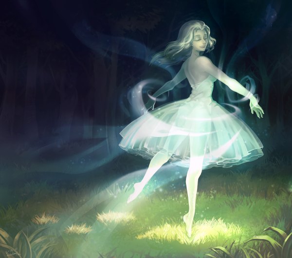 Anime picture 1200x1062 with original mushstone single long hair blonde hair smile bare shoulders signed eyes closed barefoot glow ballerina ballet girl dress plant (plants) tree (trees) white dress grass ballet dress