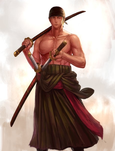 Anime picture 2192x2861 with one piece toei animation roronoa zoro yazuwo single tall image looking at viewer highres short hair standing brown eyes one eye closed green hair muscle boy weapon earrings sword katana sheath