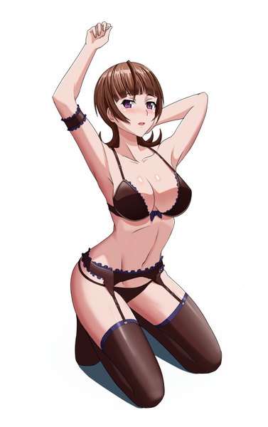 Anime picture 503x800 with active raid kazari asami northman single tall image looking at viewer blush fringe short hair breasts open mouth light erotic simple background brown hair white background purple eyes cleavage full body blunt bangs bare belly