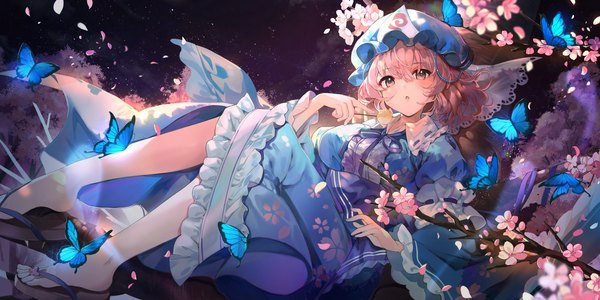 Anime picture 3500x1750 with touhou saigyouji yuyuko kita (kitairoha) single looking at viewer fringe highres short hair hair between eyes wide image pink hair full body pink eyes cherry blossoms girl flower (flowers) hat petals food sweets