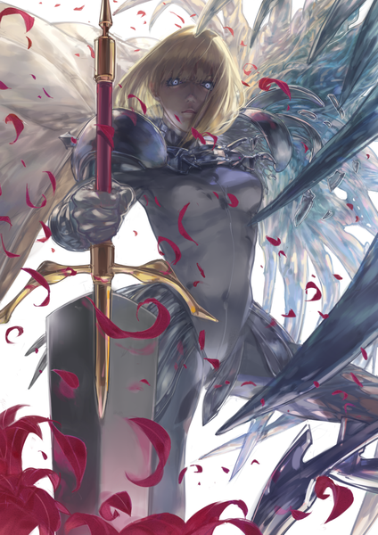 Anime picture 1240x1753 with claymore madhouse clare (claymore) ene single tall image looking at viewer short hair blue eyes simple background blonde hair white background holding parted lips girl weapon petals armor cloak huge weapon