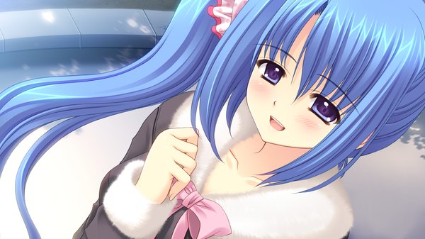 Anime picture 1280x720 with world wide love! (game) munemoto tsubakiko long hair blush open mouth blue eyes wide image blue hair game cg ponytail side ponytail girl bow