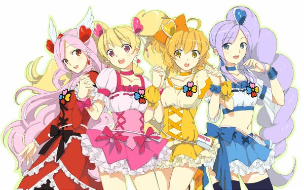 Anime picture 1260x789 with futari wa pretty cure fresh precure! higashi setsuna momozono love yamabuki inori cure peach cure passion aono miki cure pine cure berry long hair looking at viewer short hair open mouth blue eyes simple background blonde hair red eyes wide image white background