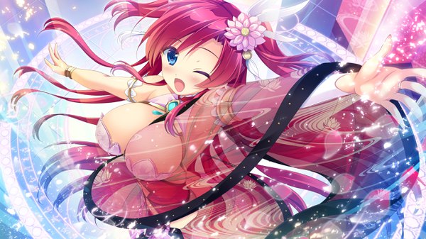 Anime picture 2560x1440 with lovekami divinity stage shuri kisshouten yashima takahiro mizuno (suisuiw) single long hair looking at viewer blush fringe highres breasts open mouth blue eyes light erotic wide image large breasts bare shoulders pink hair game cg cleavage