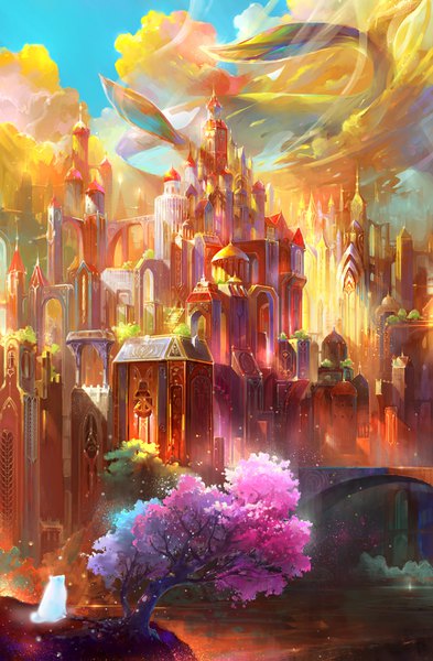 Anime picture 1000x1527 with original benjamin (zhang bin) tall image sky cloud (clouds) sunlight cherry blossoms city no people fantasy river plant (plants) animal tree (trees) insect building (buildings) dog bridge fireflies arch