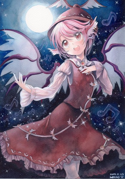 Anime picture 1053x1500 with touhou mystia lorelei mosho single tall image short hair open mouth red eyes signed animal ears looking away pink hair night traditional media singing watercolor (medium) girl dress hat wings