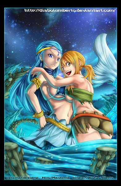 Anime picture 782x1200 with fairy tail lucy heartfilia aquarius (fairy tail) diabolumberto long hair tall image breasts open mouth blue eyes light erotic blonde hair smile large breasts twintails multiple girls yellow eyes blue hair ass tail looking back