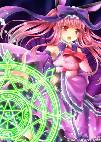 Anime picture 666x933 with pirate maidens (game) innocent smile odelia natsuki yuka single long hair tall image blush open mouth smile animal ears pink hair pink eyes armpit (armpits) bunny ears magic girl dress frills hairband toy
