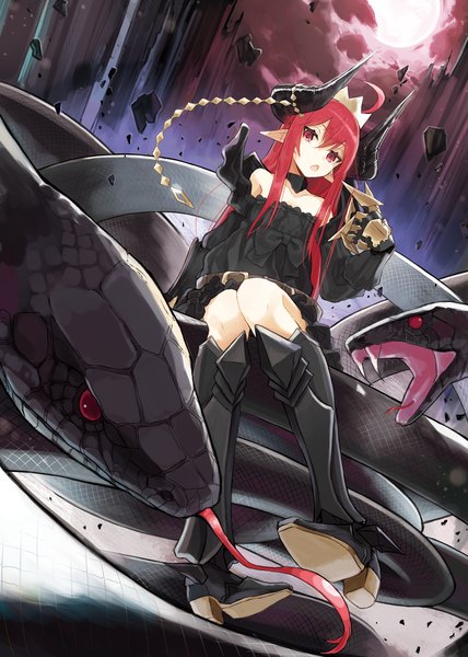 Anime picture 998x1400 with original miruto netsuki single long hair tall image looking at viewer fringe open mouth hair between eyes red eyes sitting bare shoulders payot cloud (clouds) full body ahoge bent knee (knees) red hair long sleeves head tilt