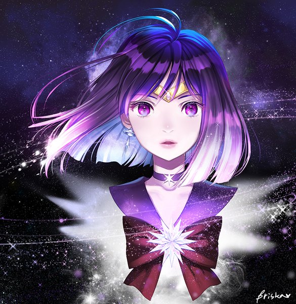 Anime picture 800x821 with bishoujo senshi sailor moon toei animation tomoe hotaru sailor saturn briska single tall image looking at viewer short hair purple eyes signed purple hair parted lips sparkle lipstick floating hair portrait pink lipstick space girl