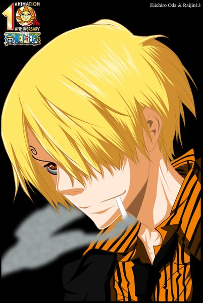 Anime picture 1024x1526 with one piece toei animation sanji raijin13 single tall image fringe short hair blonde hair smile brown eyes hair over one eye inscription coloring black background portrait smoke face smoking boy