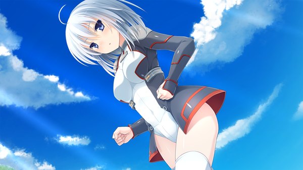 Anime picture 1920x1080 with imouto no katachi meta highres short hair blue eyes wide image game cg sky cloud (clouds) white hair girl thighhighs white thighhighs