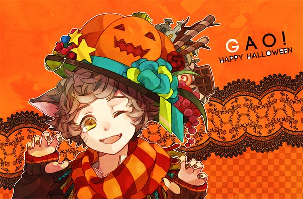 Anime picture 1000x655 with original anzu (astro75) single short hair open mouth brown hair animal ears yellow eyes nail polish one eye closed wink cat ears halloween checkered orange background claw pose happy halloween boy hat food