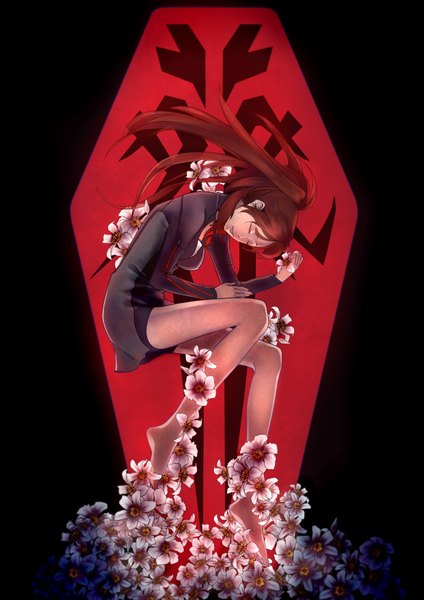 Anime picture 2480x3507 with guilty crown production i.g shinomiya ayase single long hair tall image highres brown hair ponytail eyes closed barefoot legs girl flower (flowers)