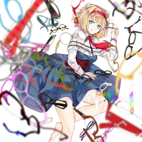 Anime picture 1000x1000 with touhou alice margatroid nabeshima tetsuhiro single looking at viewer short hair blue eyes simple background blonde hair barefoot girl dress glasses necktie hairband corset mantle