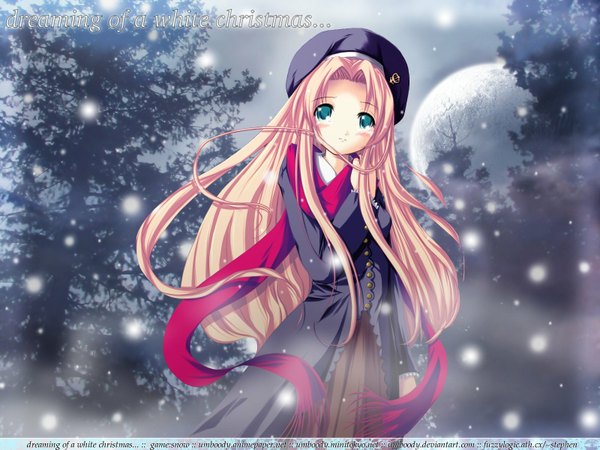 Anime picture 1600x1200 with snow (game) studio mebius long hair blonde hair green eyes snowing winter photo background girl hat