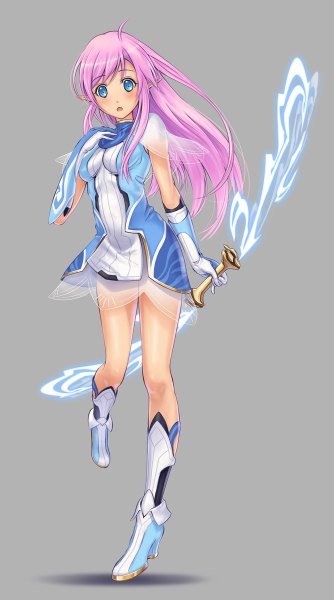 Anime picture 668x1200 with original pinakes single long hair tall image looking at viewer blush blue eyes simple background pink hair pointy ears grey background legs girl gloves weapon bow (weapon)
