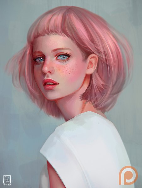 Anime picture 750x997 with original abigail diaz single tall image looking at viewer blush fringe short hair blue eyes simple background signed pink hair upper body parted lips looking back realistic grey background teeth lipstick turning head