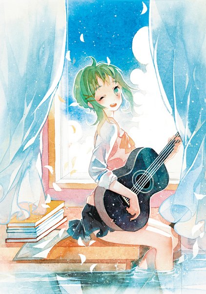 Anime picture 600x852 with vocaloid gumi rei (pixiv4656825) single tall image looking at viewer fringe short hair open mouth sitting green eyes sky cloud (clouds) ahoge one eye closed green hair wind wink traditional media soaking feet