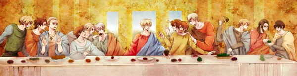 Anime picture 2000x518 with axis powers hetalia studio deen the last supper united kingdom (hetalia) japan (hetalia) america (hetalia) prussia (hetalia) china (hetalia) germany (hetalia) north italy (hetalia) france (hetalia) spain (hetalia) austria (hetalia) south italy (hetalia) switzerland (hetalia) anri (artist) long hair short hair open mouth blue eyes