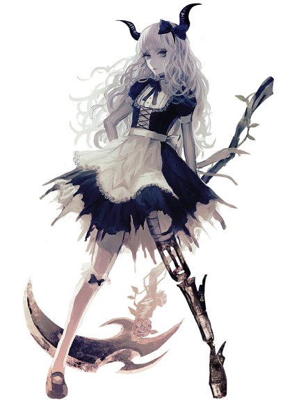 Anime picture 700x1031 with original yumeno yume single long hair tall image looking at viewer full body white hair horn (horns) grey eyes pale skin amputee girl dress flower (flowers) bow weapon hair bow apron bandage (bandages)