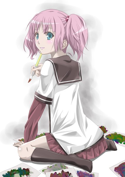 Anime picture 2893x4092 with yuru yuri doga kobo yoshikawa chinatsu maita1059 single tall image highres short hair blue eyes white background twintails pink hair short twintails girl socks serafuku black socks paint