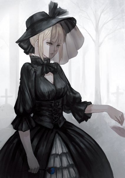 Anime picture 1000x1414 with fate (series) fate/stay night studio deen type-moon artoria pendragon (all) saber alter bryanth single tall image short hair blonde hair yellow eyes fog girl dress flower (flowers) plant (plants) hat tree (trees) cross
