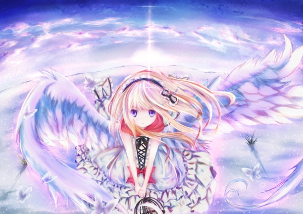 Anime picture 3507x2480 with original hizo (hizoo) single long hair highres blonde hair purple eyes absurdres sky cloud (clouds) girl dress bow wings hairband insect butterfly