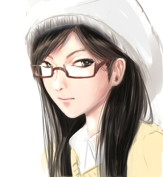 Anime picture 1000x1091 with original kikivi single long hair tall image black hair simple background white background black eyes girl glasses cap