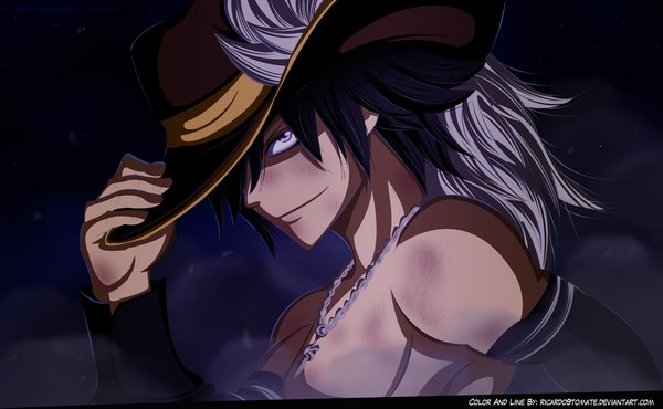 Anime picture 1500x926 with fairy tail gray fullbuster ric9duran single fringe short hair black hair smile wide image purple eyes hair over one eye night sky coloring smoke muscle boy hat pendant
