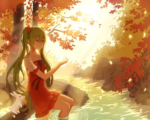 Anime picture 2100x1680 with vocaloid hatsune miku lan jue single long hair highres twintails green eyes looking away green hair sunlight outstretched arm autumn soaking feet girl dress animal petals water leaf (leaves)