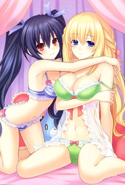 Anime picture 4732x6996 with choujigen game neptune noire vert tsunako long hair tall image looking at viewer blush fringe highres breasts blue eyes light erotic black hair blonde hair smile red eyes large breasts sitting twintails