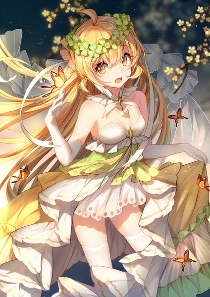 Anime picture 1000x1416 with bible bullet bison cangshu single tall image looking at viewer fringe open mouth blonde hair hair between eyes bare shoulders yellow eyes cleavage ahoge very long hair from above butterfly on hand girl thighhighs dress gloves