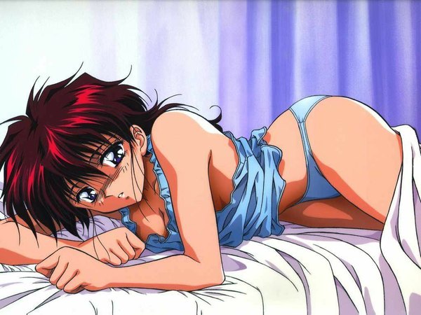 Anime picture 1024x768 with yu yu hakusho yukimura keiko breasts light erotic purple eyes red hair lying underwear panties lingerie bed camisole blue panties