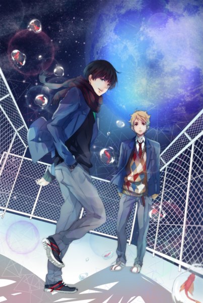 Anime picture 940x1400 with kyoukai no kanata kyoto animation kanbara akihito nase hiroomi saito yukihiro tall image looking at viewer short hair black hair blonde hair standing brown eyes green eyes looking away sky night multiple boys shadow orange eyes night sky