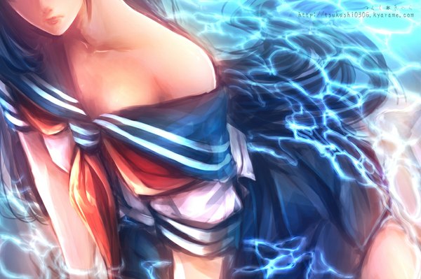 Anime picture 902x600 with original kyara36 single long hair sitting bare shoulders blue hair head tilt pleated skirt barefoot lips off shoulder wet wet clothes head out of frame no face girl skirt uniform water