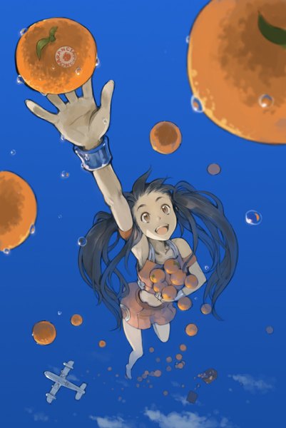 Anime picture 695x1040 with arancia project original arancia tko (kkk66) single long hair tall image open mouth brown hair twintails brown eyes sky teeth outstretched arm falling girl skirt bracelet water drop fruit