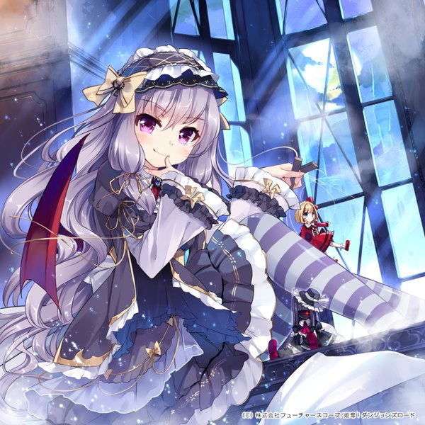 Anime picture 1600x1600 with original miyase mahiro single long hair looking at viewer blush fringe smile sitting purple eyes holding sky silver hair sunlight official art alternate costume finger to mouth smirk girl thighhighs
