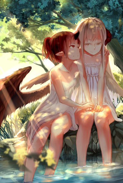 Anime picture 2000x2963 with original ghostas long hair tall image highres short hair blonde hair red eyes sitting bare shoulders multiple girls yellow eyes red hair pointy ears girl dress 2 girls plant (plants) wings tree (trees)
