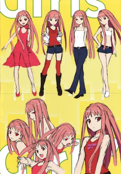 Anime picture 3228x4645 with girls' work type-moon asube shirube takenashi eri long hair tall image highres open mouth simple background red eyes bare shoulders pink hair absurdres from behind scan hand on hip hands behind back yellow background multiple persona girl