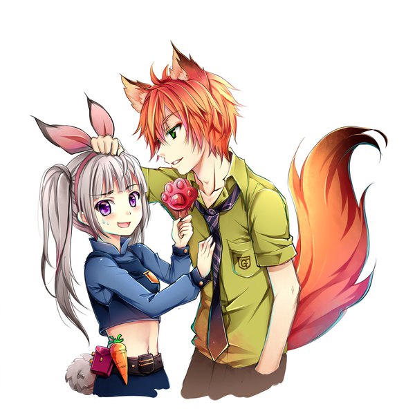 Anime picture 1089x1080 with zootopia disney judy hopps nick wilde gyaza long hair looking at viewer blush fringe short hair open mouth simple background white background twintails purple eyes holding green eyes animal ears looking away ahoge