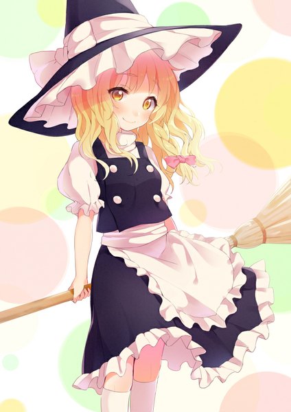 Anime picture 650x919 with touhou kirisame marisa hym9594 single long hair tall image looking at viewer blush fringe blonde hair smile yellow eyes braid (braids) puffy sleeves single braid hands behind back girl skirt hat socks