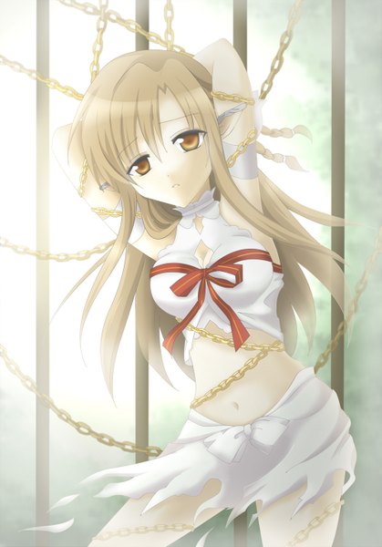 Anime picture 1000x1433 with sword art online a-1 pictures yuuki asuna titania (alo) single tall image looking at viewer fringe breasts light erotic brown hair brown eyes pointy ears midriff torn clothes girl skirt navel ribbon (ribbons) chain