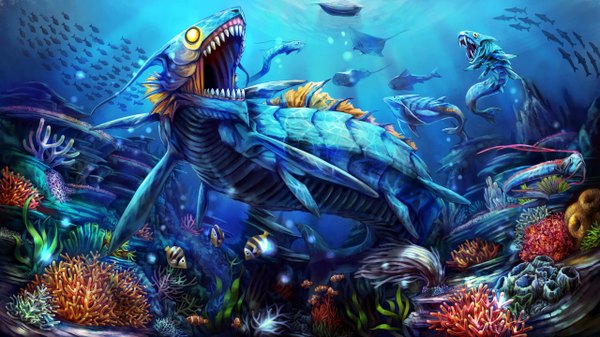 Anime picture 2560x1440 with dragon's crown vanillaware highres open mouth wide image yellow eyes teeth fang (fangs) underwater sharp teeth sea fish (fishes) monster starfish coral stingray