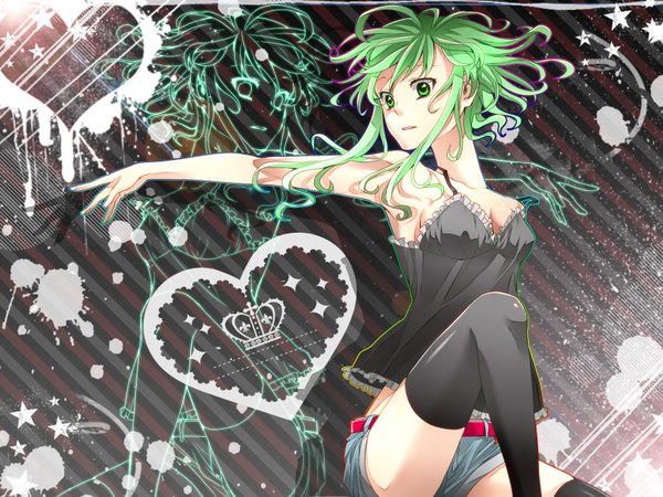 Anime picture 1680x1260 with vocaloid gumi reno tatsu single short hair bare shoulders green eyes green hair casual denim girl thighhighs black thighhighs shorts heart camisole