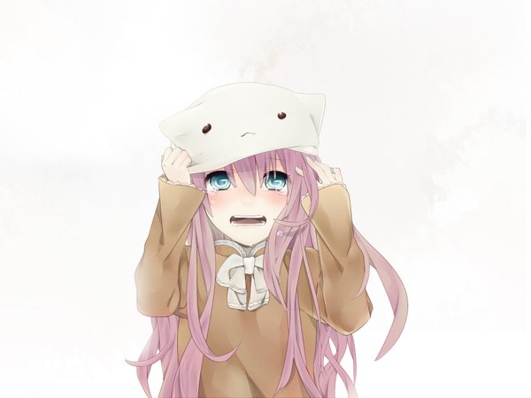 Anime picture 1600x1200 with vocaloid toeto (vocaloid) megurine luka megurine luka (toeto) single long hair open mouth blue eyes simple background white background pink hair tears crying girl cap animal hat