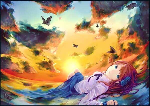 Anime picture 2047x1447 with original gensou aporo single long hair looking at viewer highres blue eyes brown hair sky cloud (clouds) lying hair flower sunlight wet clothes sunbeam girl skirt hair ornament flower (flowers) ribbon (ribbons)