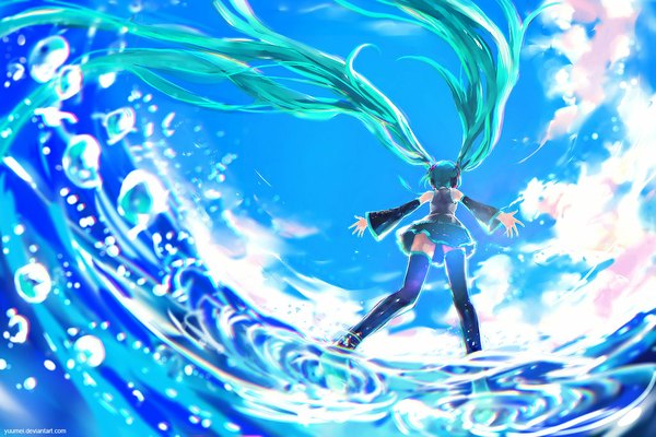 Anime picture 1024x683 with vocaloid hatsune miku yuumei single long hair twintails signed sky cloud (clouds) from behind aqua hair from below spread arms girl thighhighs skirt detached sleeves water headphones water drop