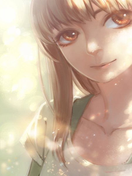 Anime picture 900x1200 with original totsukitouka single long hair tall image fringe blonde hair looking away light smile orange eyes portrait girl t-shirt